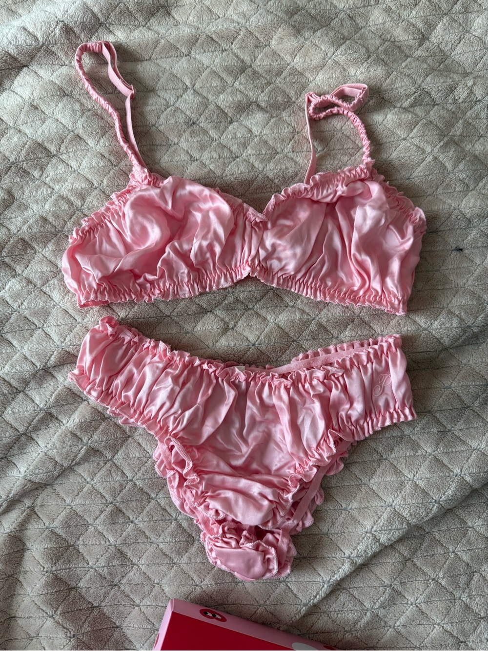 PINK Victoria's Secret Light Pink Ruffled Satin Bralette & Brief Set